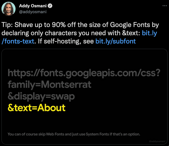 Tip: Shave up to 90% off the size of Google Fonts by declaring only characters you need with &text