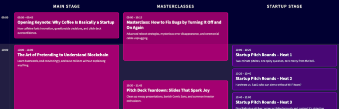 Screenshot of a timetable, showing categories across the top and times of day down the left; classes span across the times they will be presented.