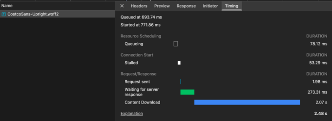 Screenshot of the Chrome DevTool's network panel, showing the download timing for the font file
